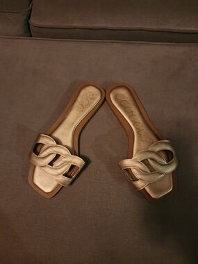 Women's Metallic Gold Slide Sandals with Braided Strap